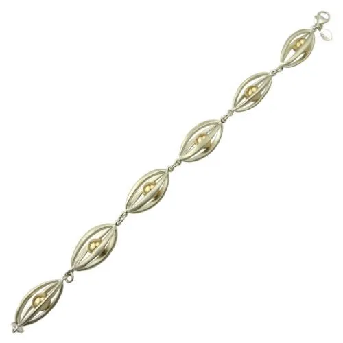 Betsy Frost Design Handmade Sterling Silver 925 Bracelet Ball & Cage Gold Ball