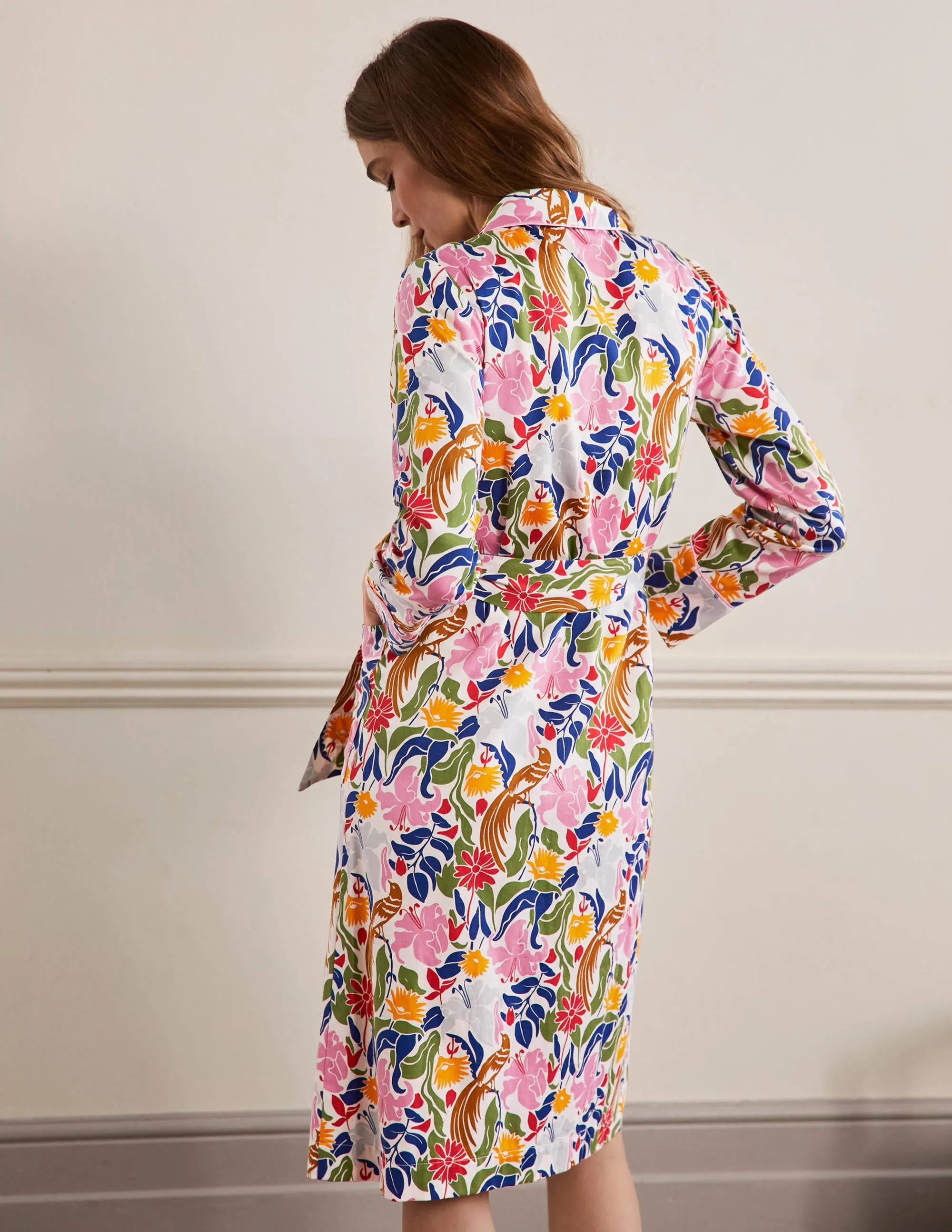 Cotton Dressing Gown-Ivory, Oriental Bird