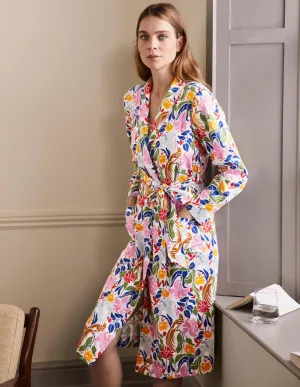 Cotton Dressing Gown-Ivory, Oriental Bird