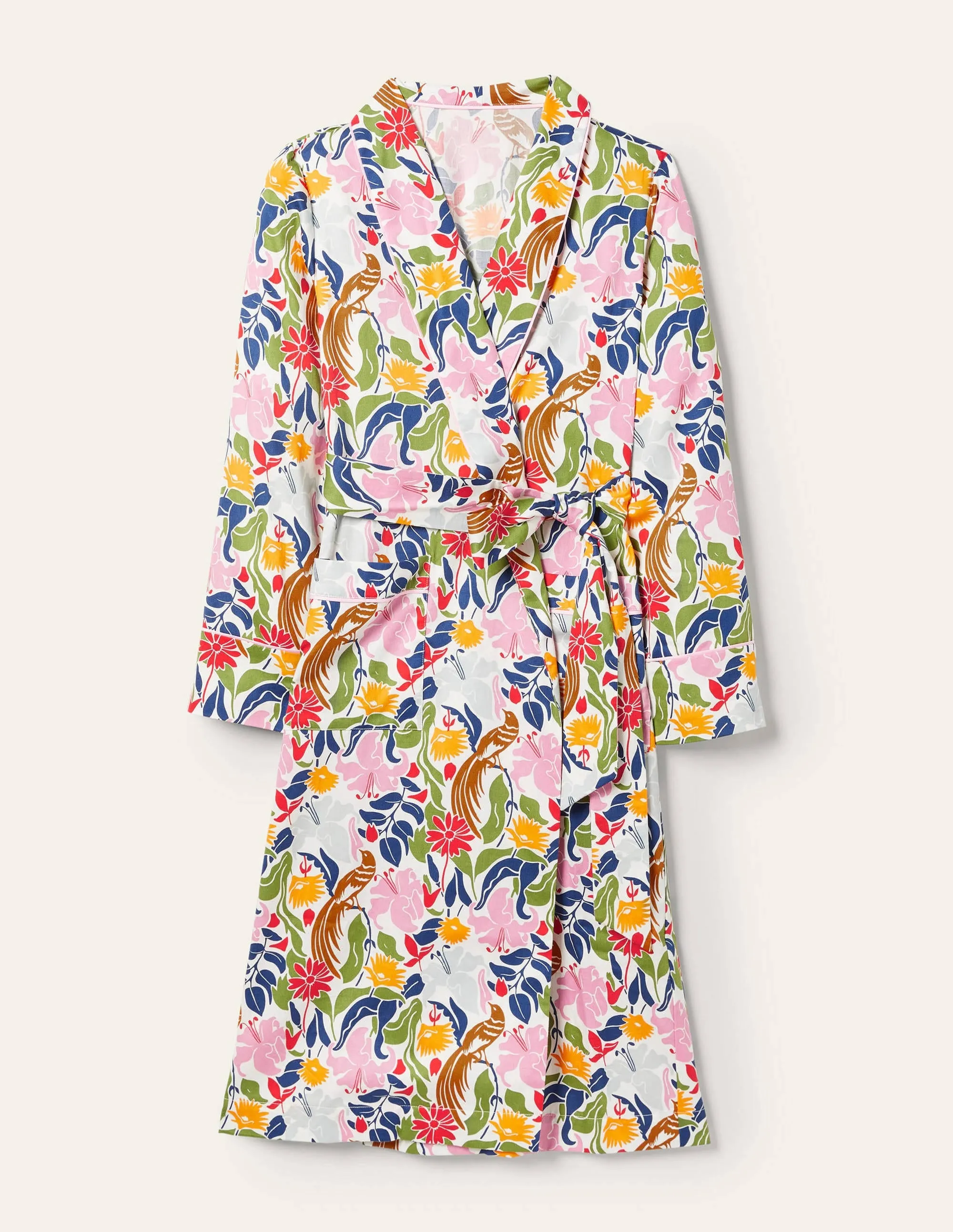 Cotton Dressing Gown-Ivory, Oriental Bird