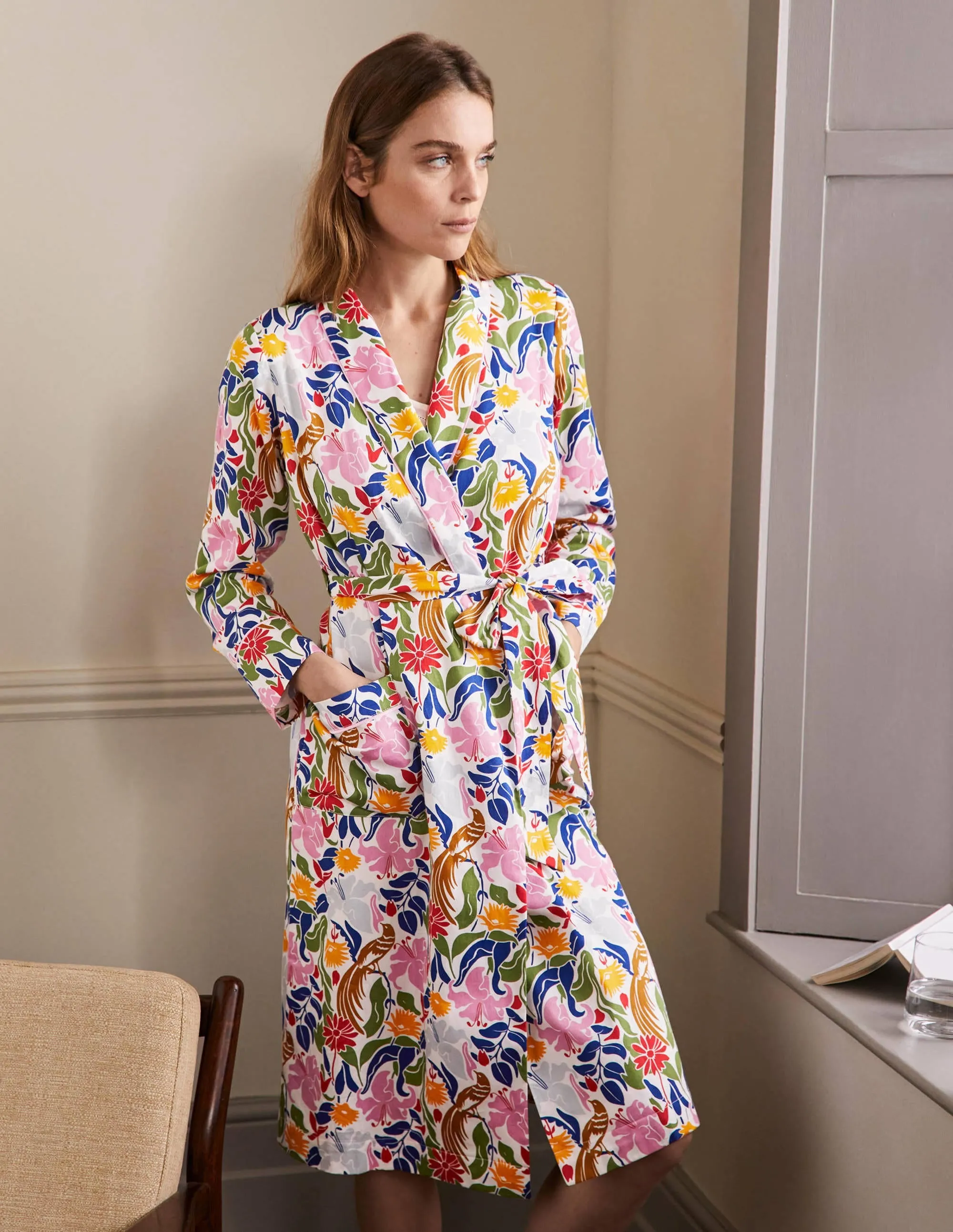 Cotton Dressing Gown-Ivory, Oriental Bird