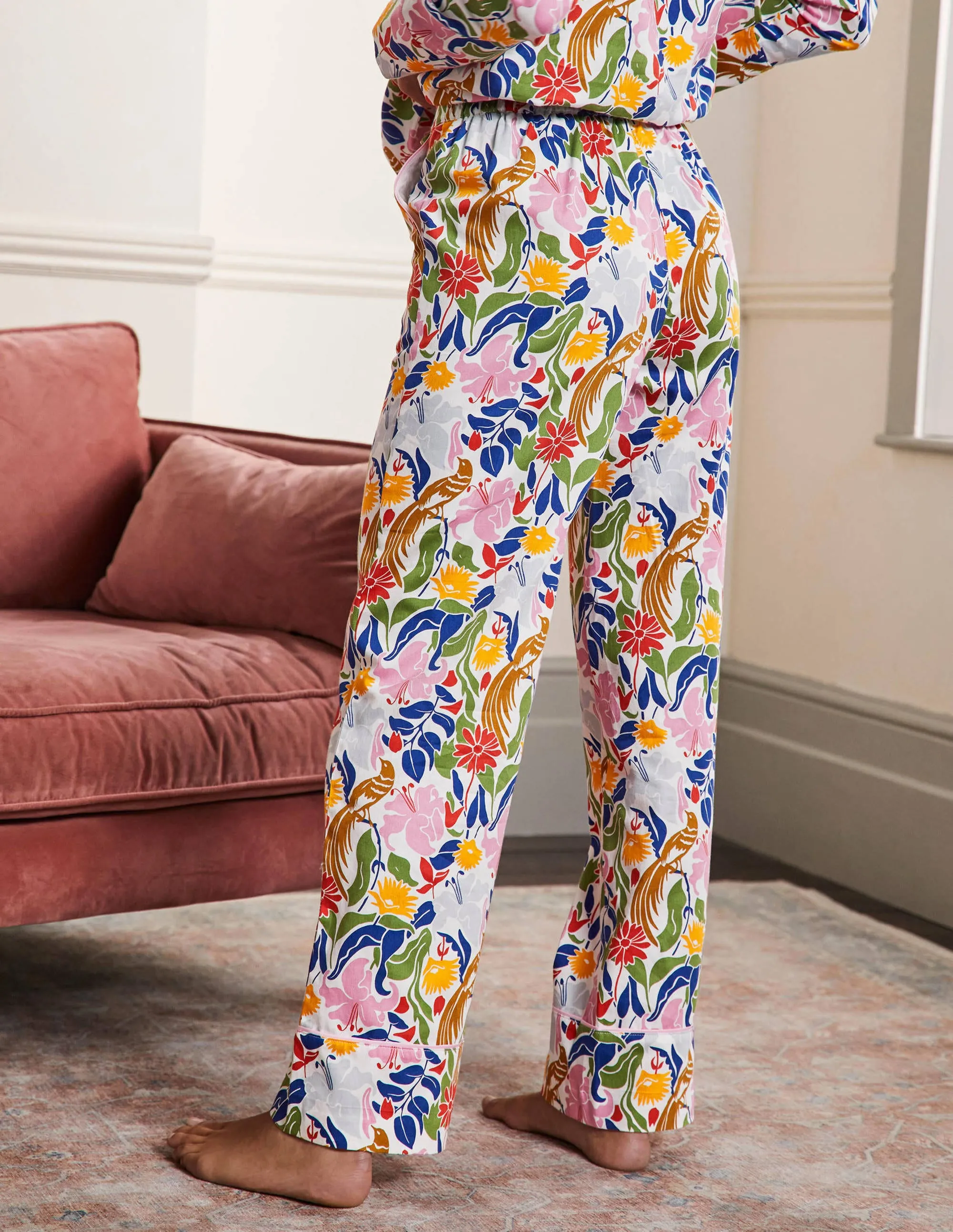 Cotton Pyjama Trousers-Ivory, Oriental Bird