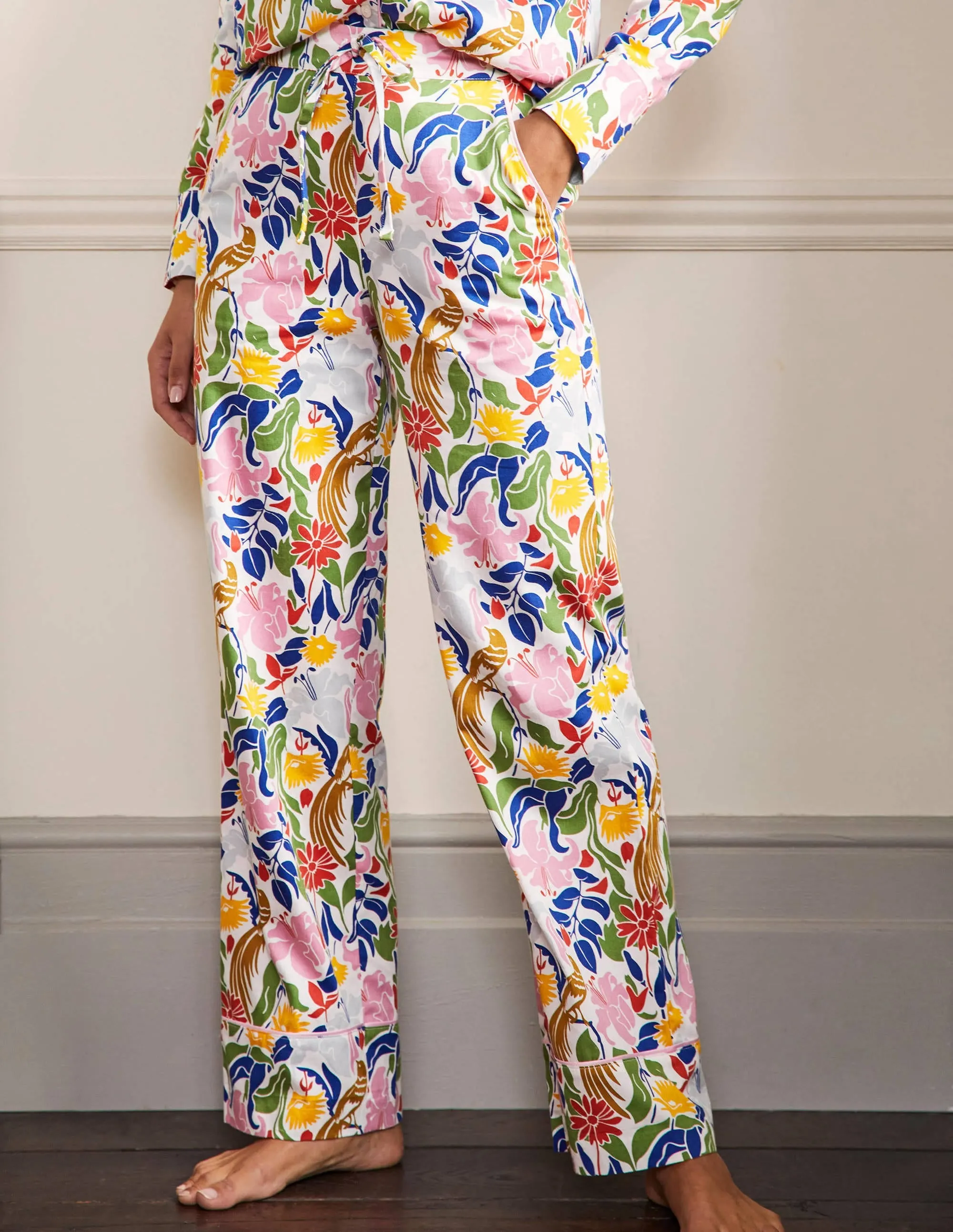 Cotton Pyjama Trousers-Ivory, Oriental Bird