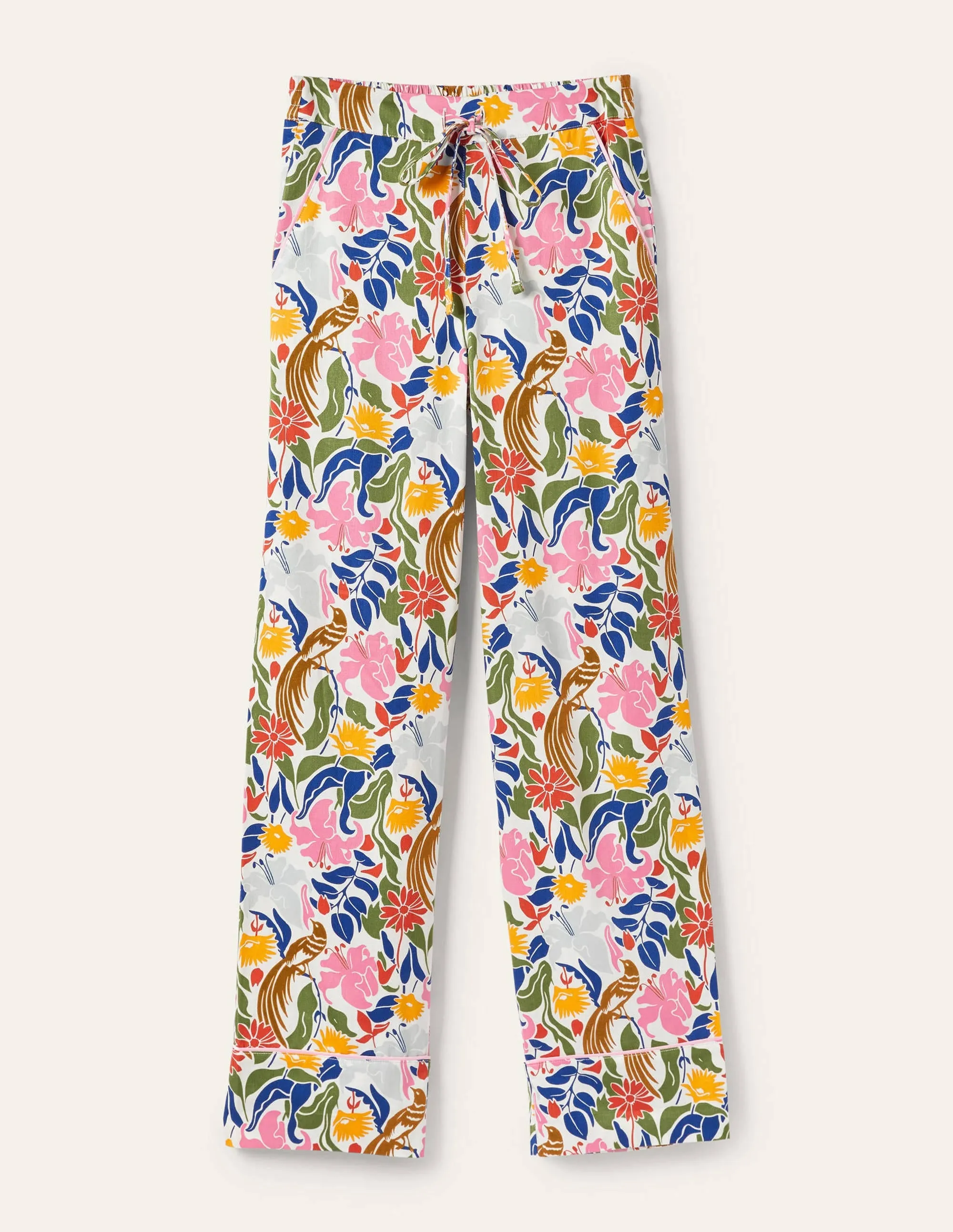 Cotton Pyjama Trousers-Ivory, Oriental Bird