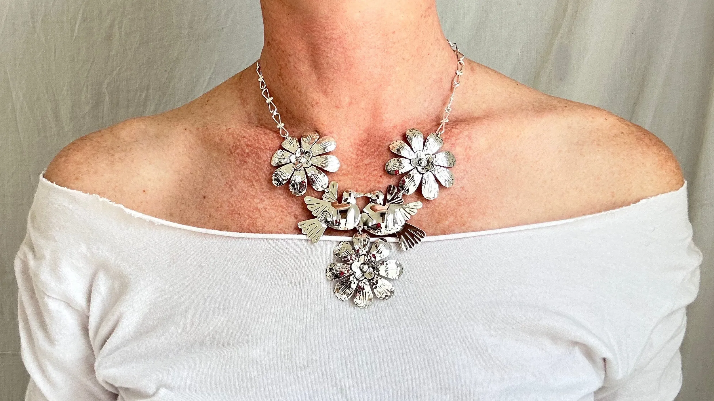 Doves & Flowers Silver Necklace. Taxco. Stunning! 1339