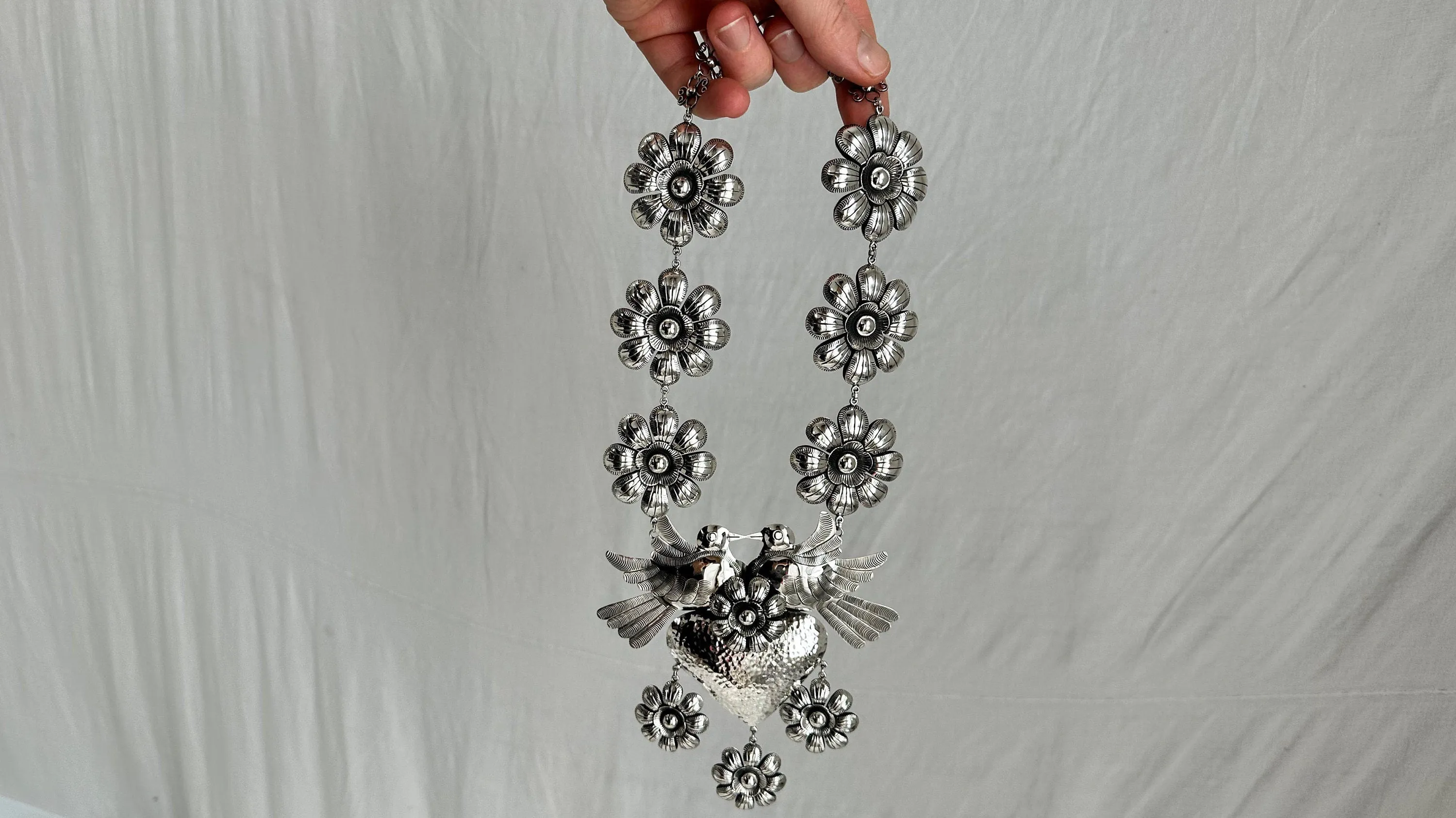 Heart & Flowers Silver Necklace. Taxco. Stunning! 0486