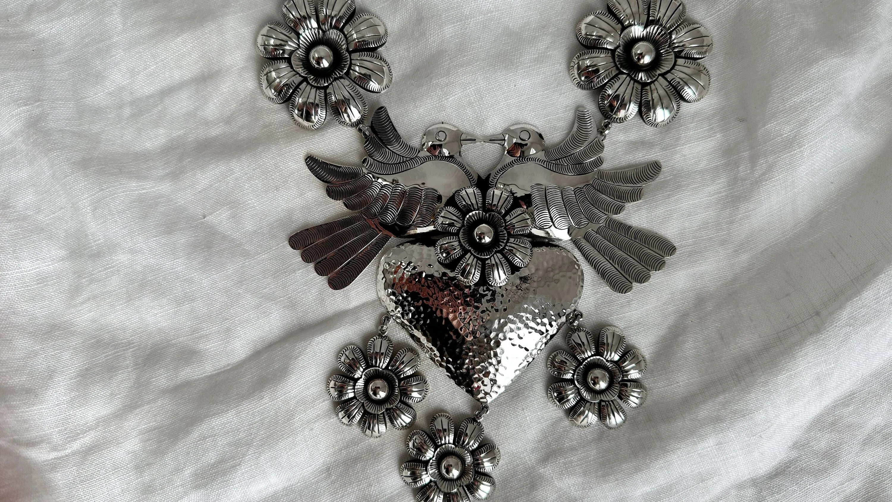 Heart & Flowers Silver Necklace. Taxco. Stunning! 0486