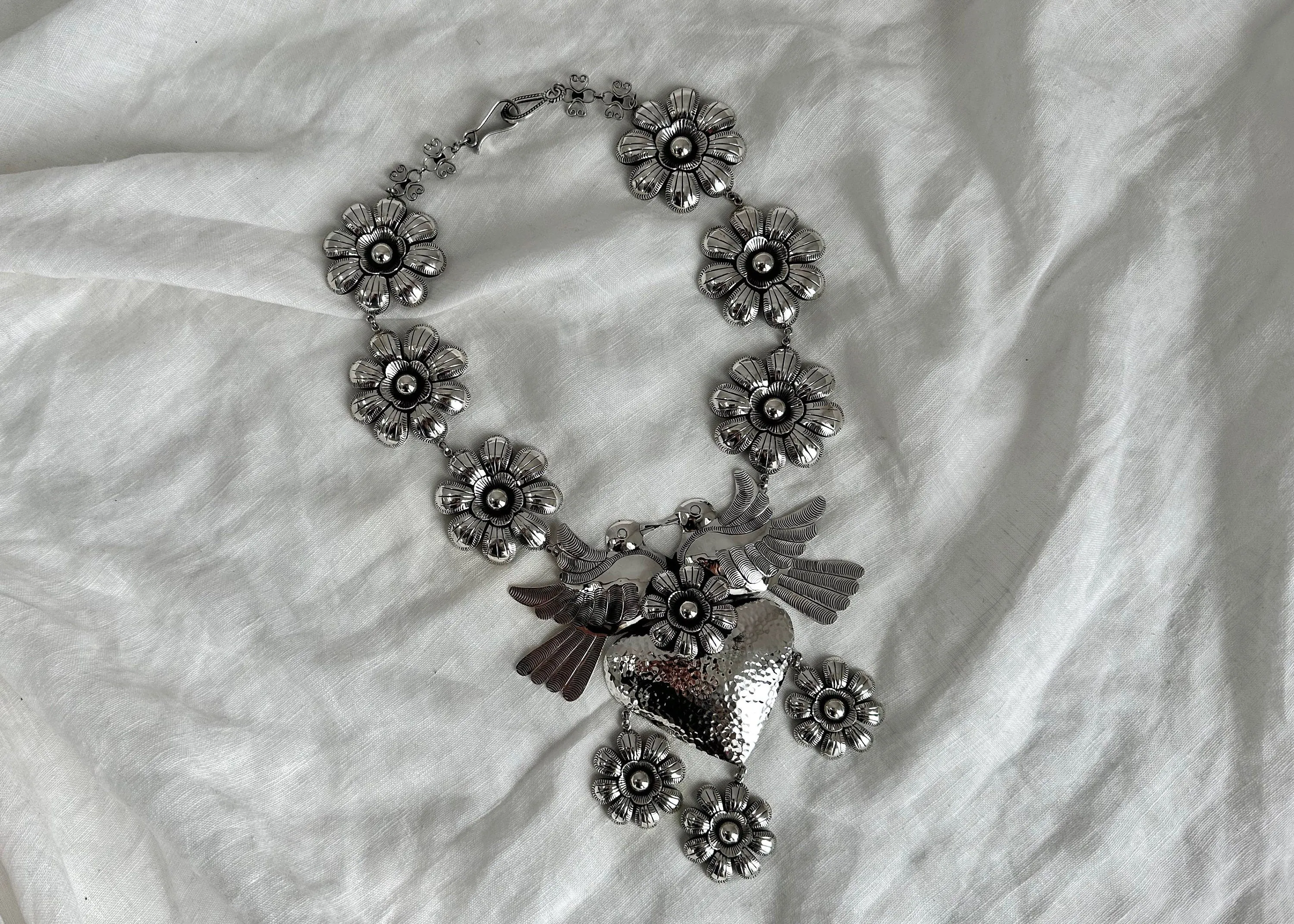 Heart & Flowers Silver Necklace. Taxco. Stunning! 0486