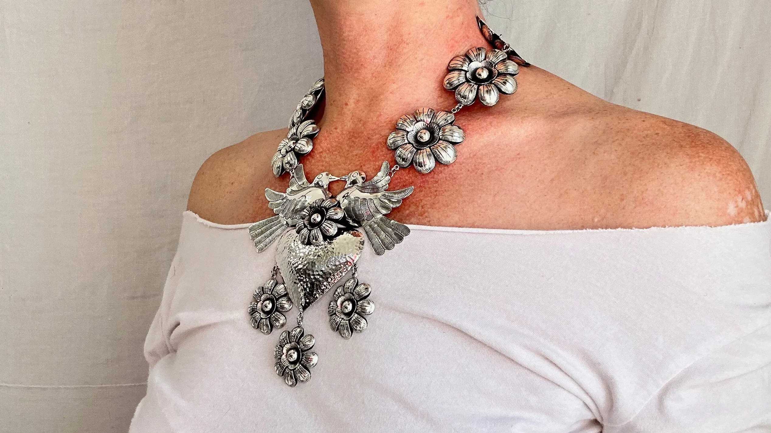 Heart & Flowers Silver Necklace. Taxco. Stunning! 0486