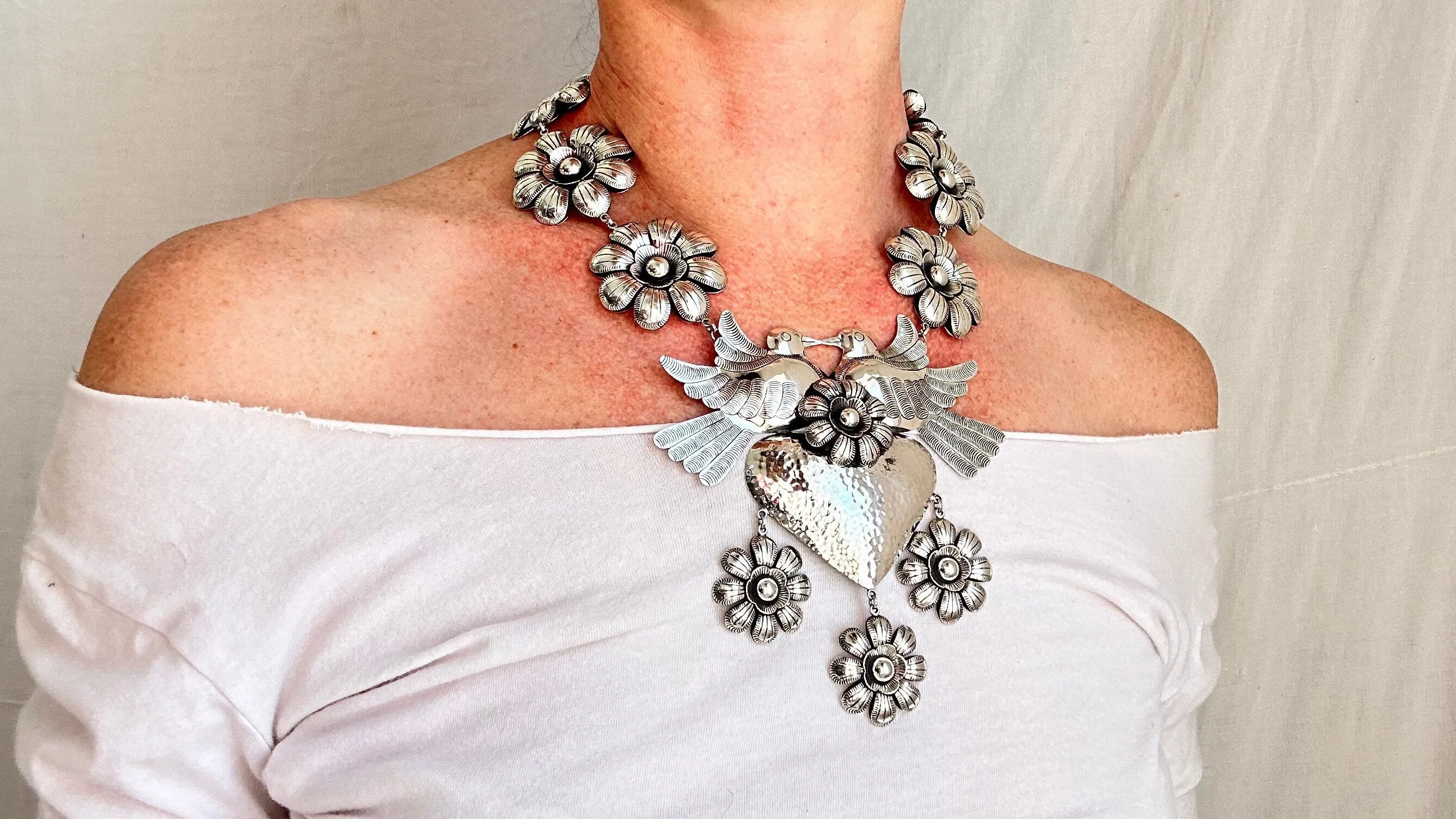 Heart & Flowers Silver Necklace. Taxco. Stunning! 0486