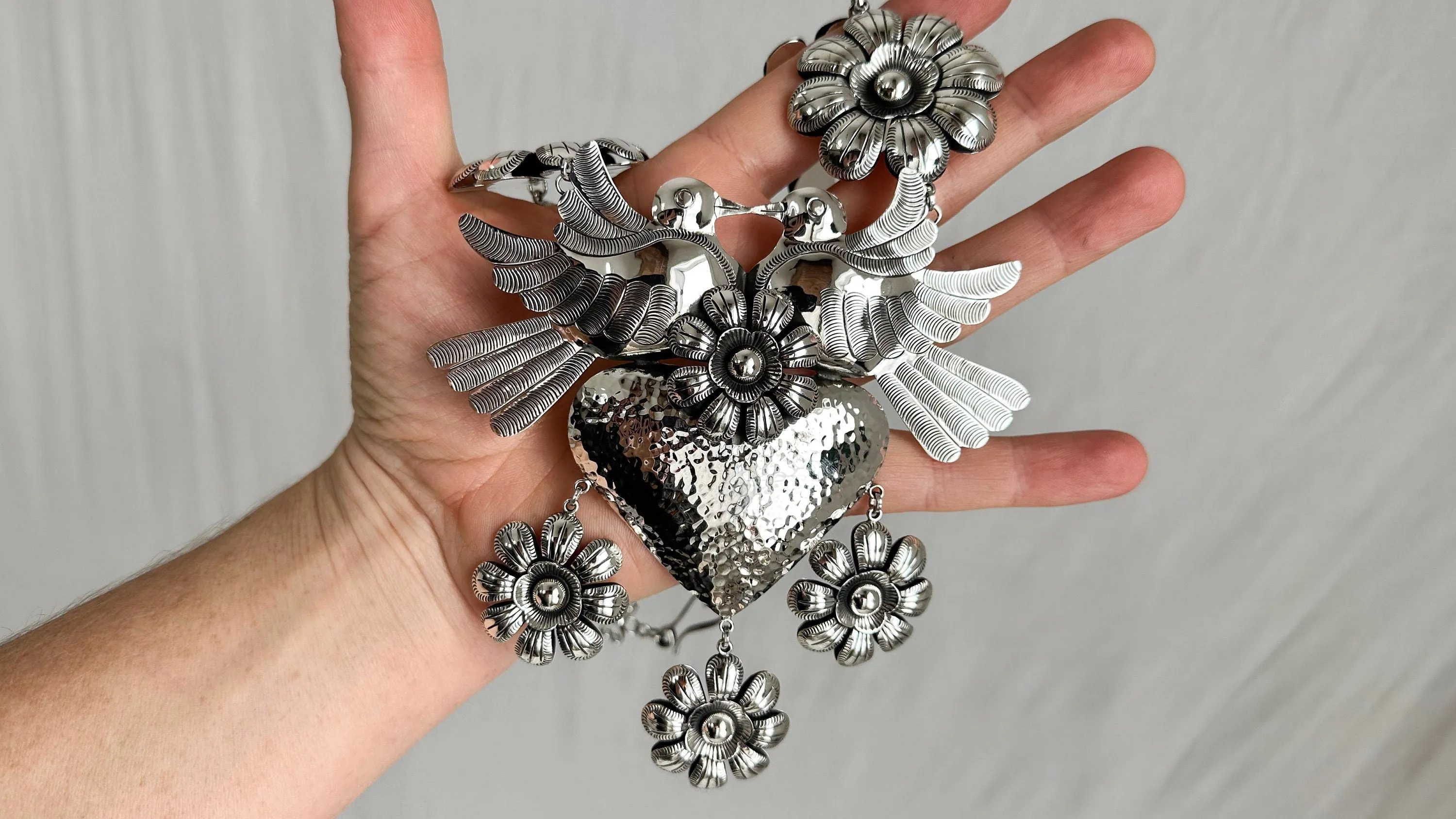 Heart & Flowers Silver Necklace. Taxco. Stunning! 0486