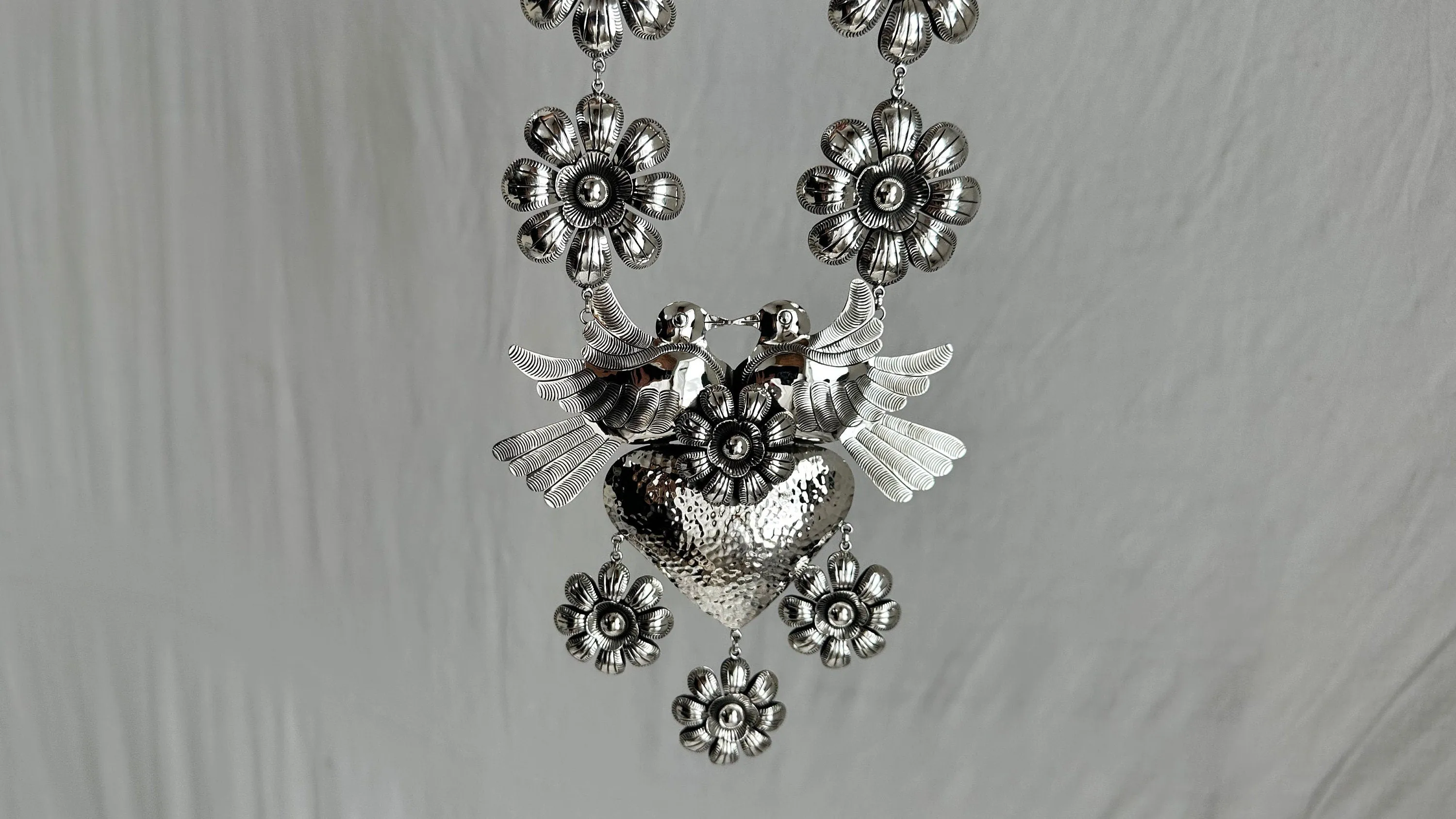 Heart & Flowers Silver Necklace. Taxco. Stunning! 0486