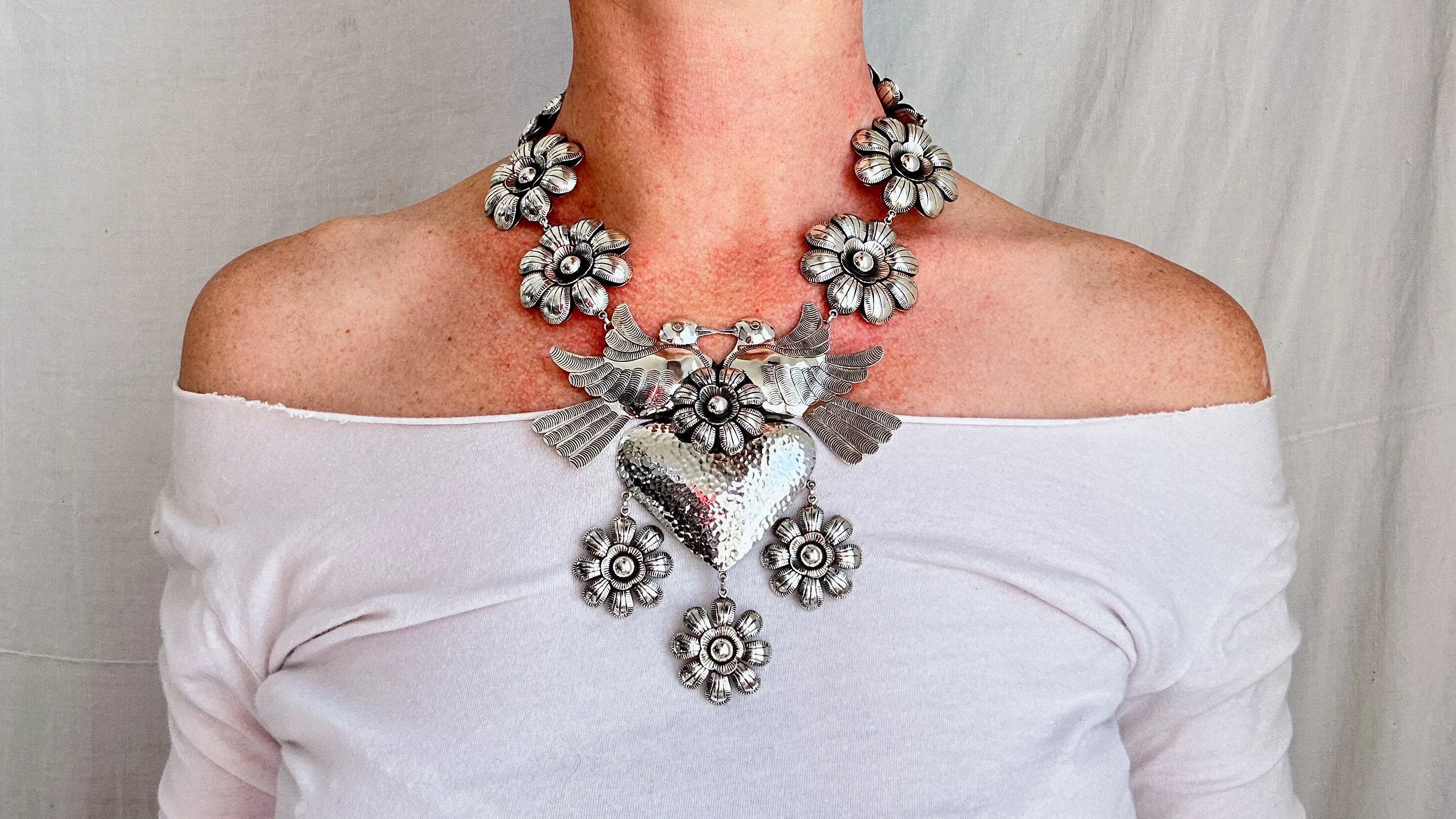 Heart & Flowers Silver Necklace. Taxco. Stunning! 0486