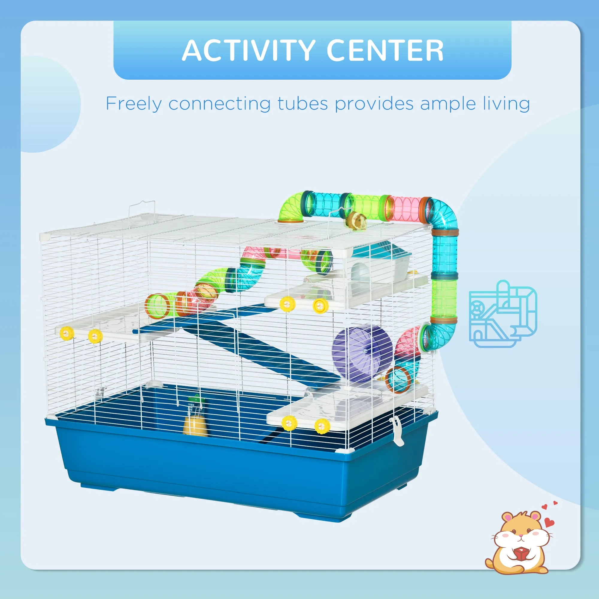 Large Hamster Cage, Multi-storey Gerbil Haven, Small Rodent House, Tunnel Tube System, with Water Bottle, Exercise Wheel, Food Dish,Ramps Blue