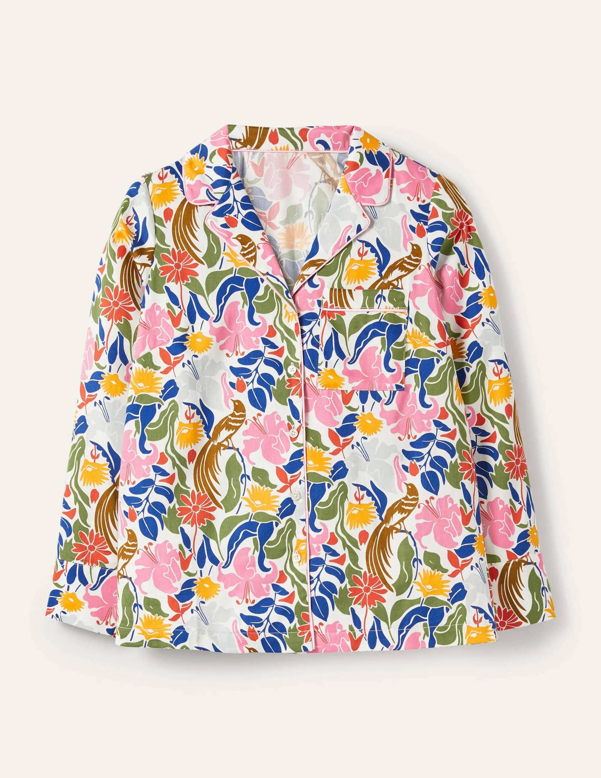 Long Sleeve Pyjama Shirt-Ivory, Oriental Bird
