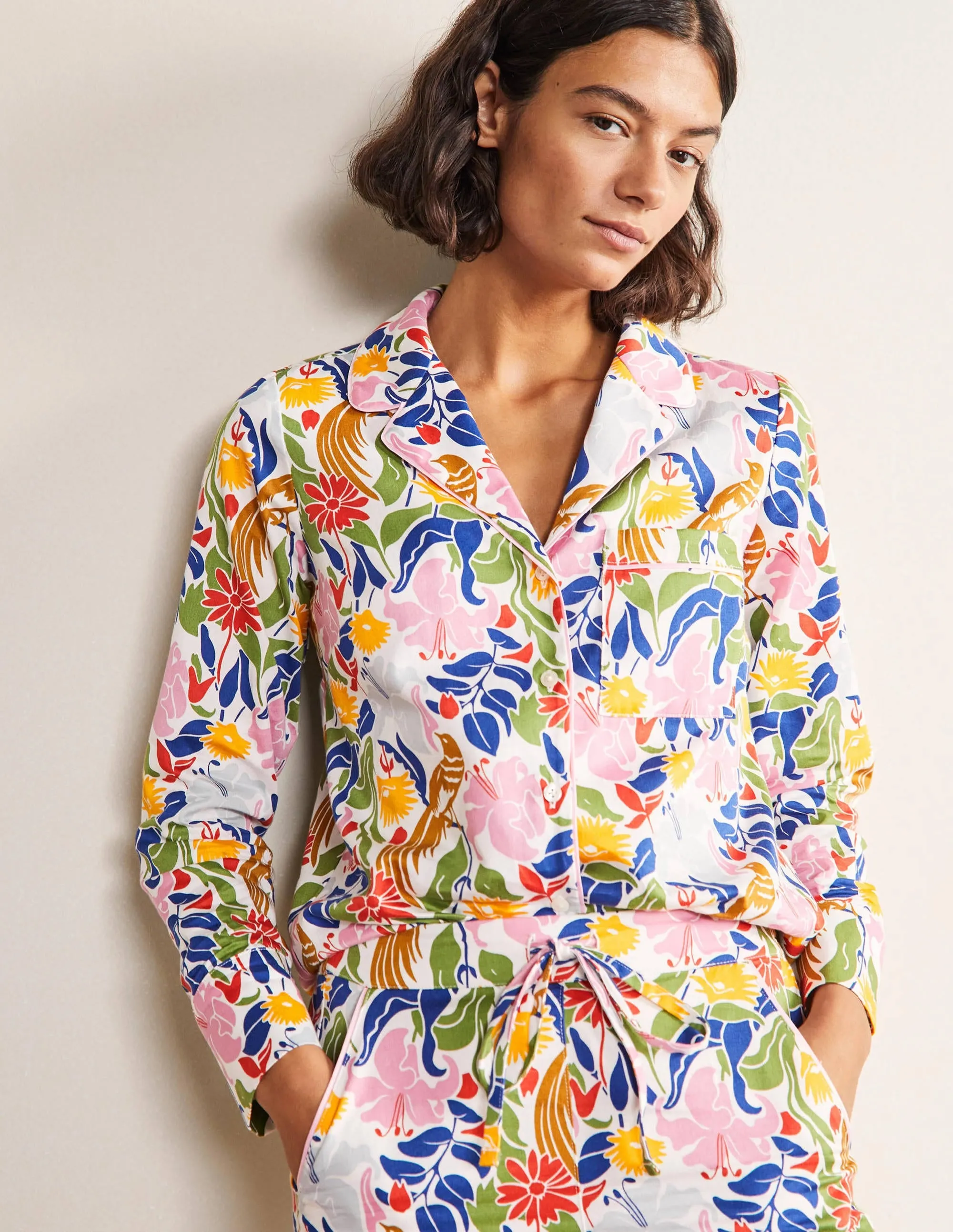 Long Sleeve Pyjama Shirt-Ivory, Oriental Bird