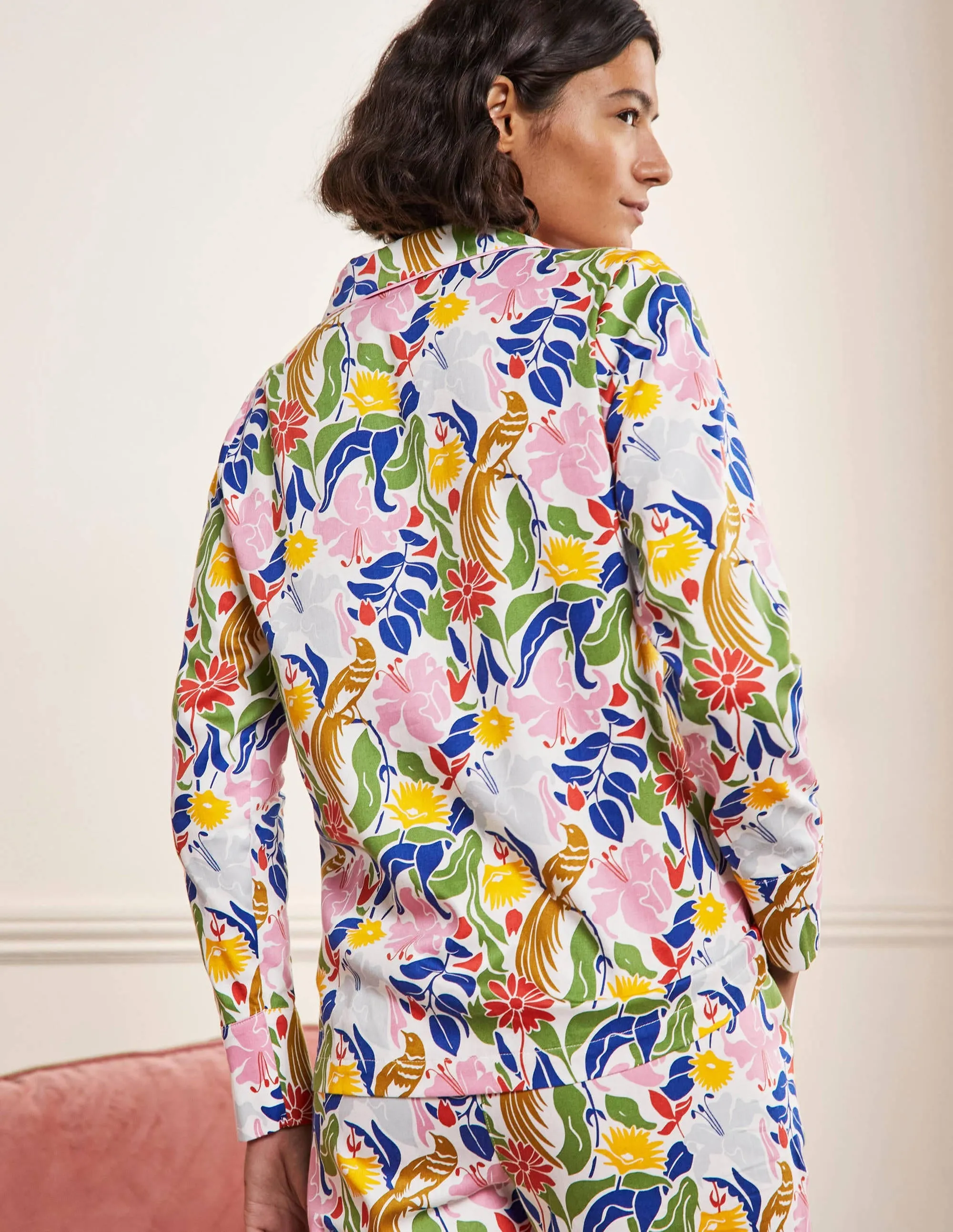 Long Sleeve Pyjama Shirt-Ivory, Oriental Bird