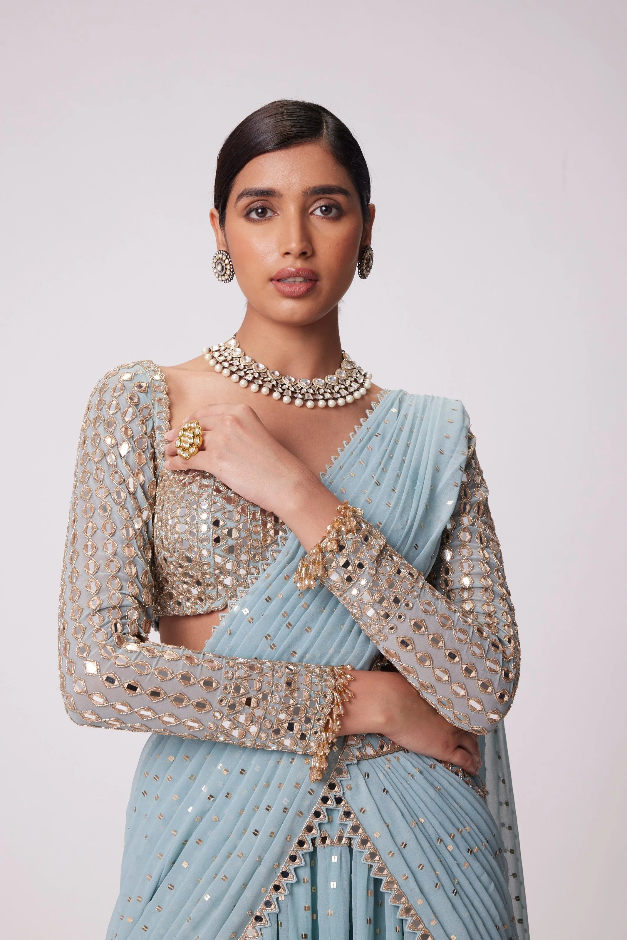 Powder Blue Multi Tier Hand Embroidered Saree Set