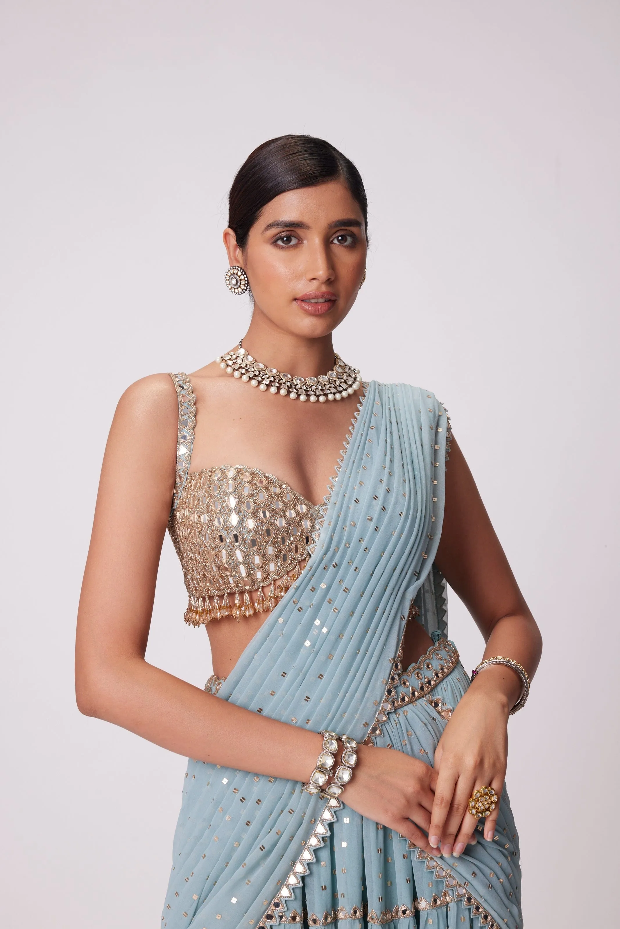 Powder Blue Multi Tier Saree Set
