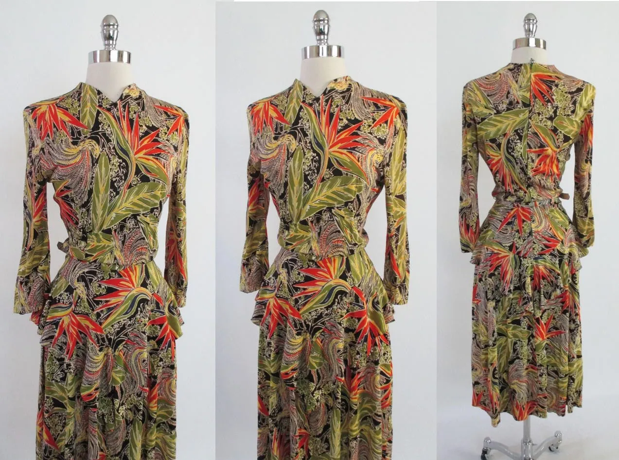  Vintage 50's 40's Look Bird Of Paradise Tropical Hawaiian Peplum Dress S