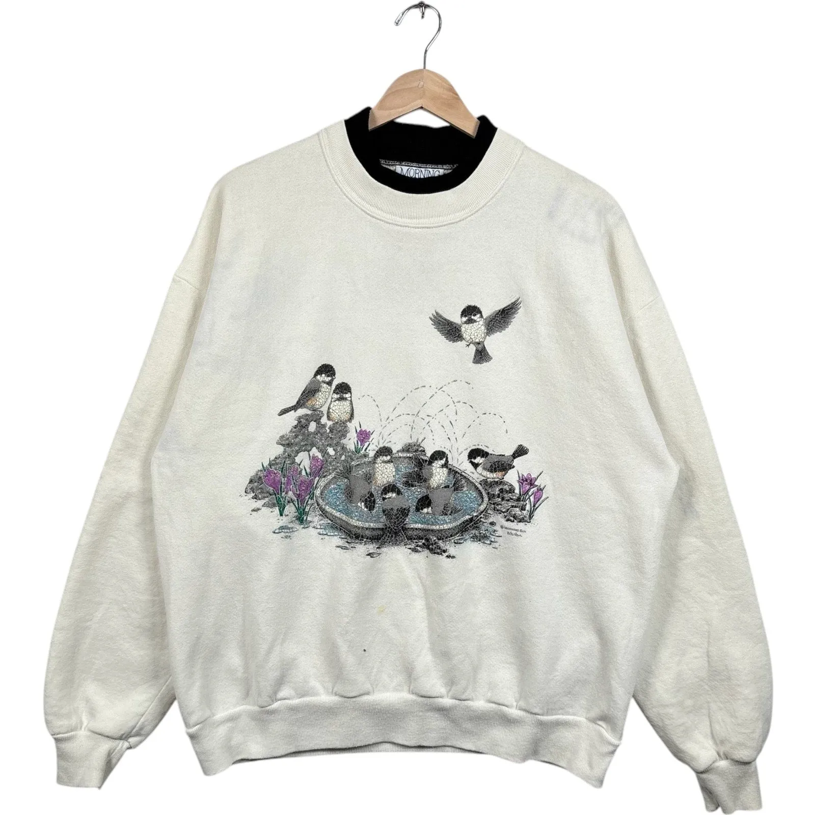 Vintage Birds In A Bird Bath Double Collar Crewneck