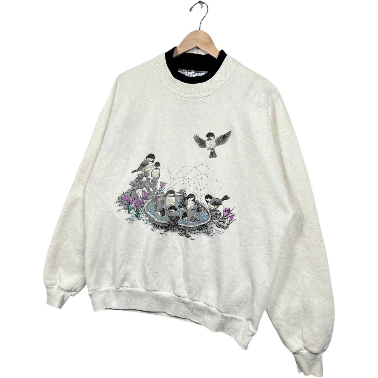 Vintage Birds In A Bird Bath Double Collar Crewneck