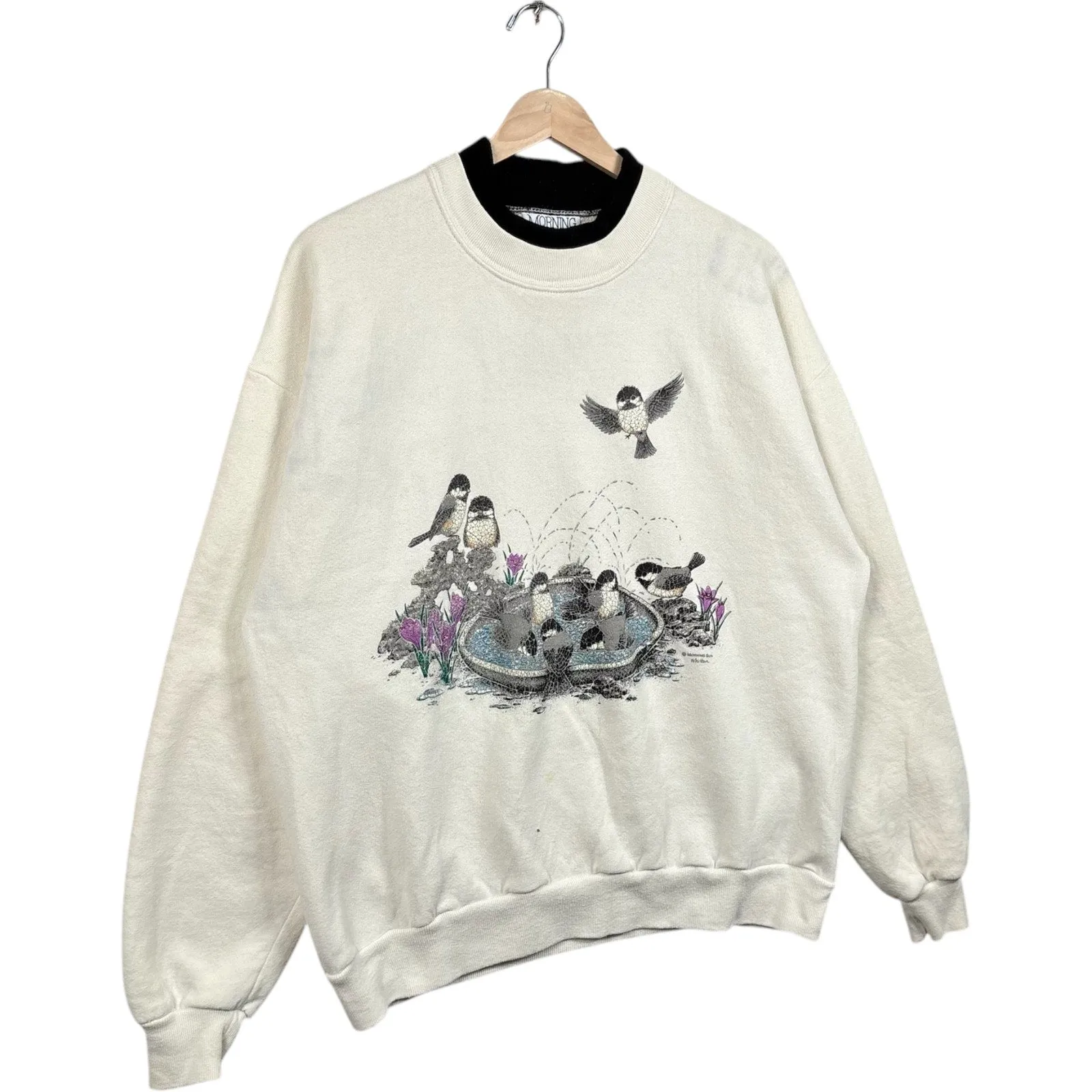 Vintage Birds In A Bird Bath Double Collar Crewneck