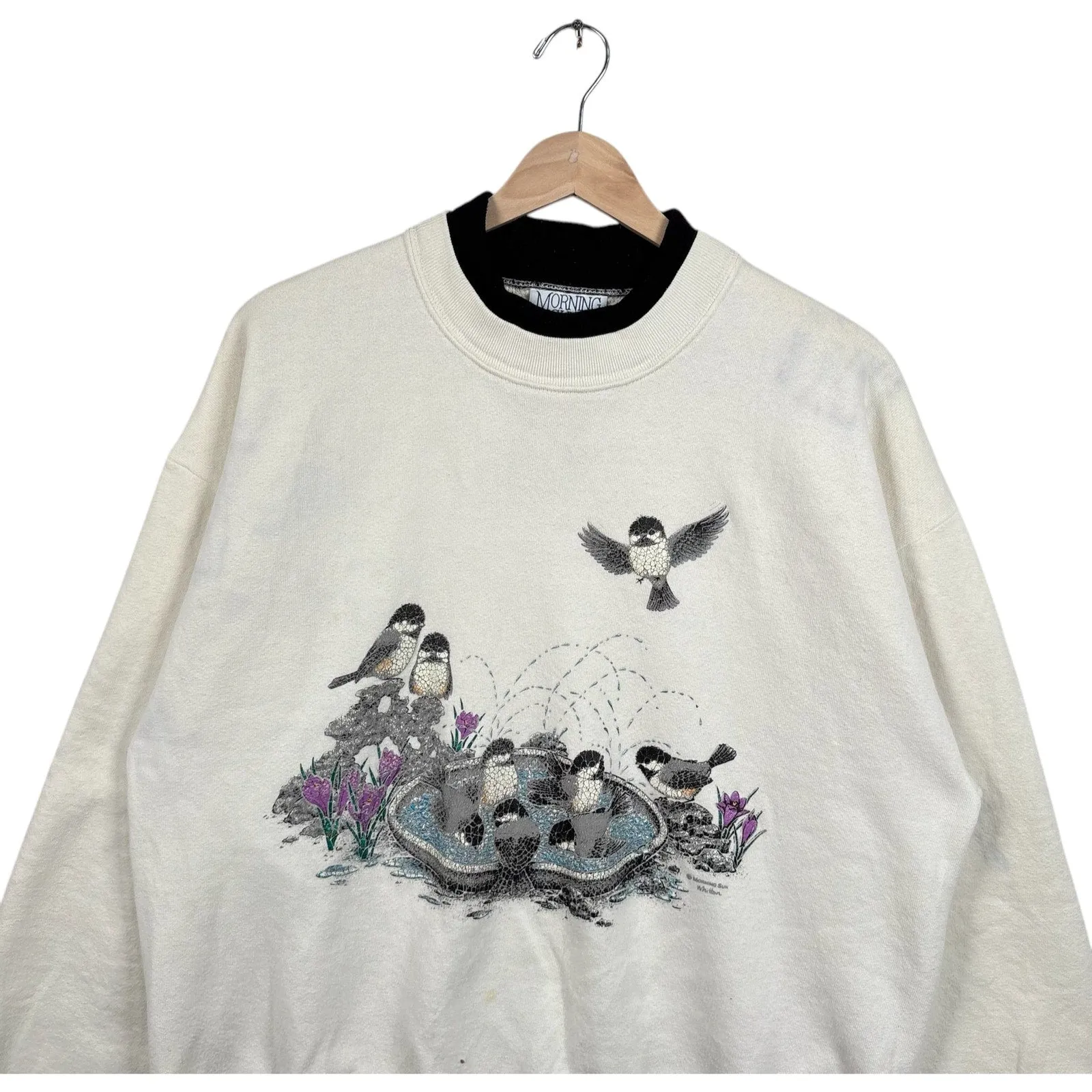 Vintage Birds In A Bird Bath Double Collar Crewneck