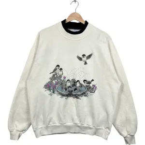 Vintage Birds In A Bird Bath Double Collar Crewneck