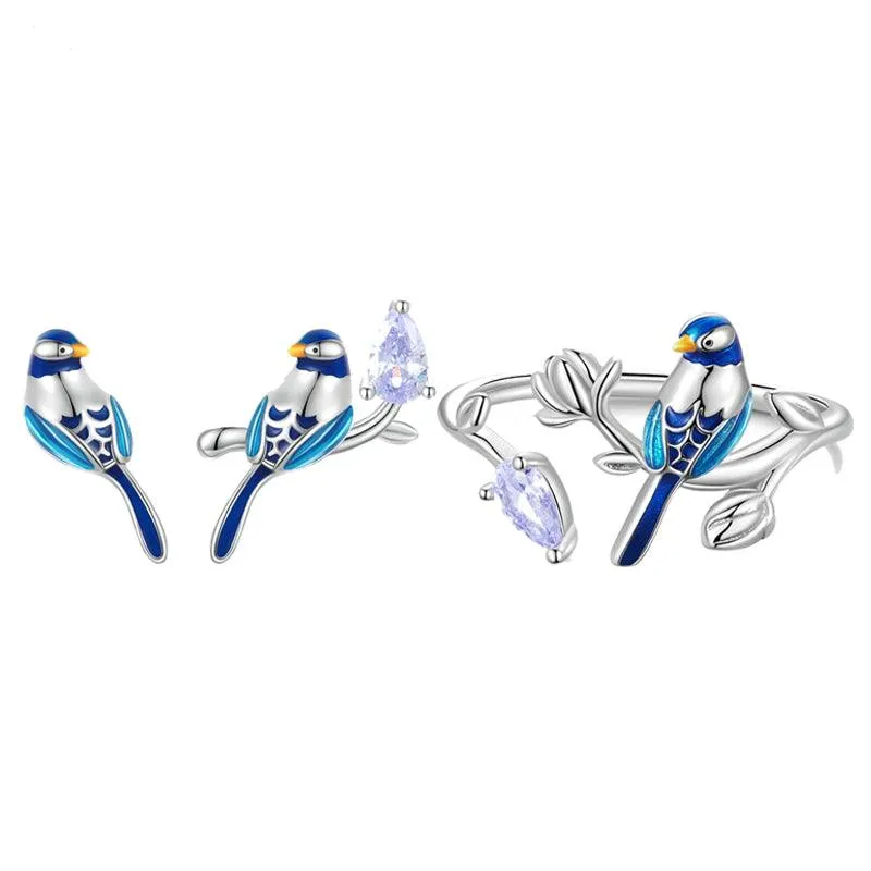 Women's Fashion Blue Bird Stud Ring