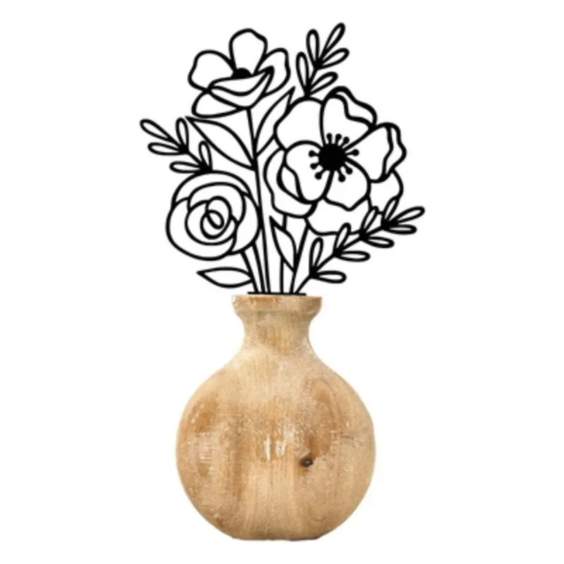 Wood Vase & Metal Flowers
